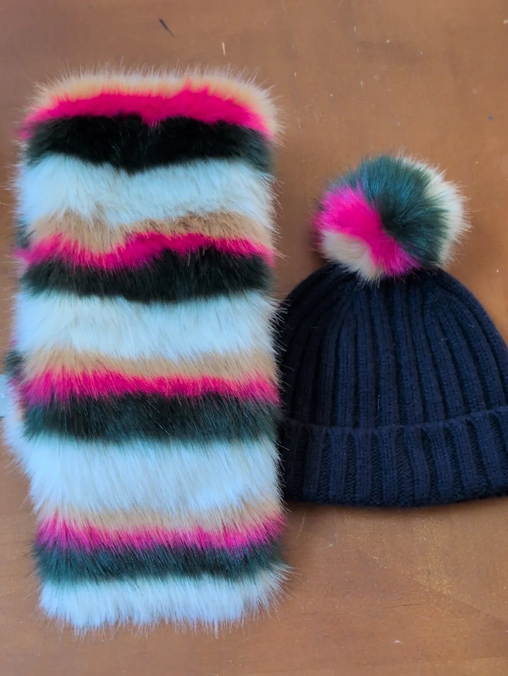 J Crew Faux Fur Stole Scarf w/ Rib-Knit Beanie w/ Multi-Colored Faux-Fur Pom-Pom